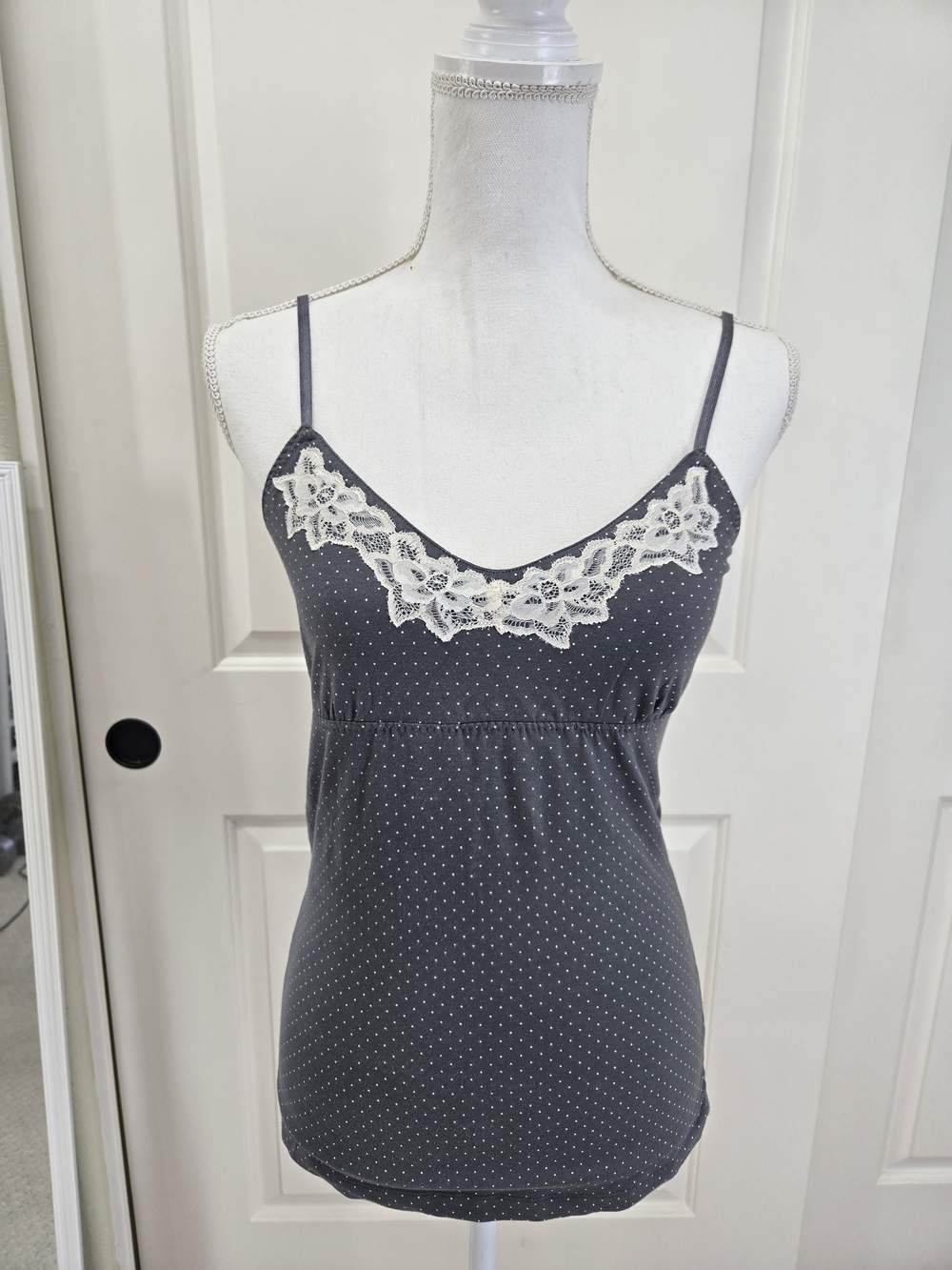 Gray Polka-dot and Lace-Trim Camisole Top